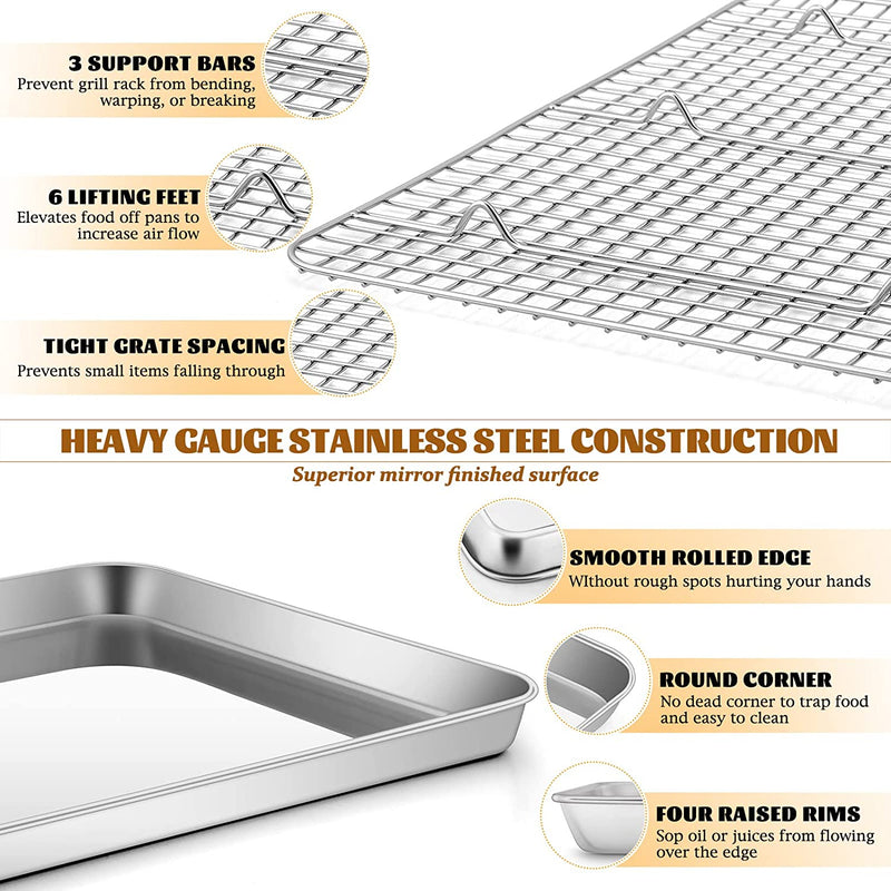 Stainless Steel Baking Sheet with Rack Set, E-Far 16”X12” Cookie Sheet Pan for Oven, Rimmed Metal Tray with Wire Cooling Rack for Cooking Roasting Resting Bacon Meat Steak - Dishwasher Safe Home & Garden > Kitchen & Dining > Cookware & Bakeware E-far   