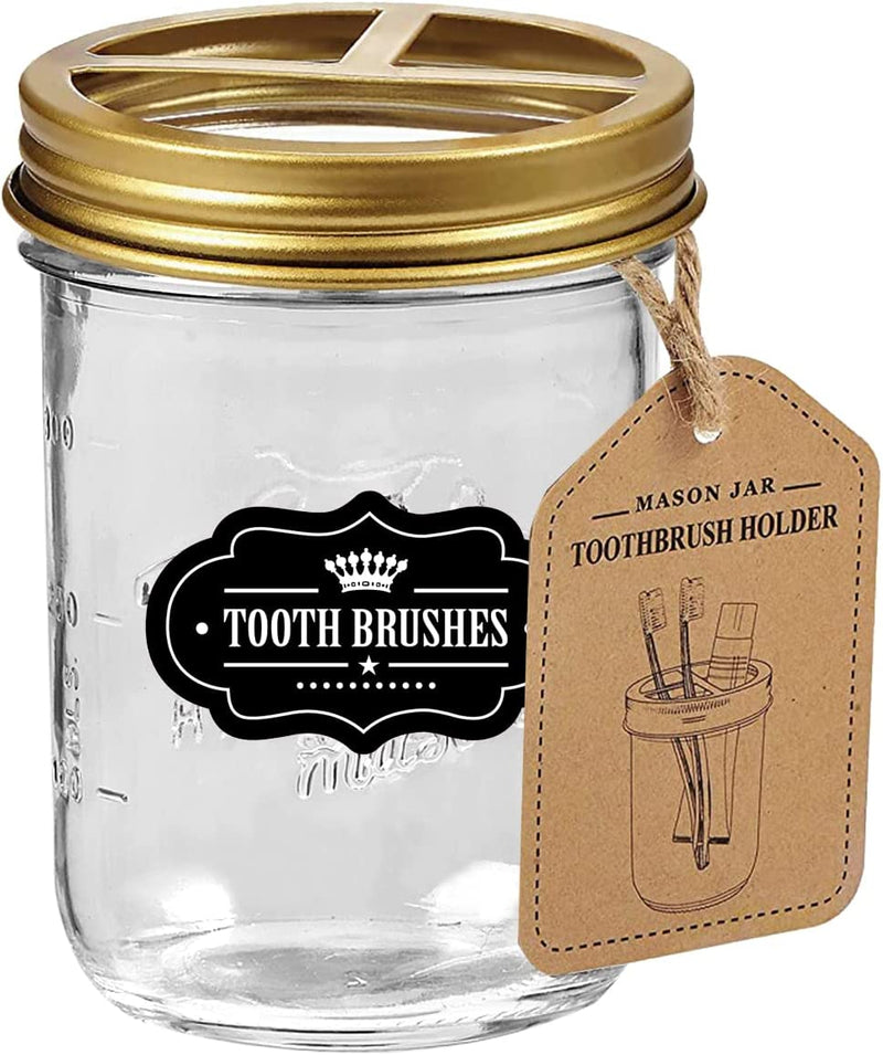 Mason Jar Toothbrush Holder -Bronze - with 16 Ounce Mason Jar,Premium Rustproof 304 Stainless Steel Lid and Chalkboard Labels - Rustic Farmhouse Decor Black Bathroom Accessories Sporting Goods > Outdoor Recreation > Winter Sports & Activities Andrew & Sarah's Boutique Golden Wide Mouth 