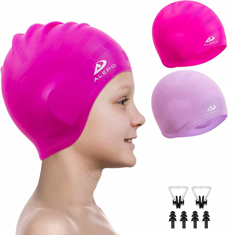 2 Pack Kids Swim Caps for Boys Girls, Durable Silicone Swimming Cap with 3D Ear Pockets for Age 3-15 Toddler Child Youth Teen, Unisex Swim Bath Hats for Short/Long Hair with Ear Plugs Nose Clip Sporting Goods > Outdoor Recreation > Boating & Water Sports > Swimming > Swim Caps Alepo Rose Red&Purple Age 3-8 