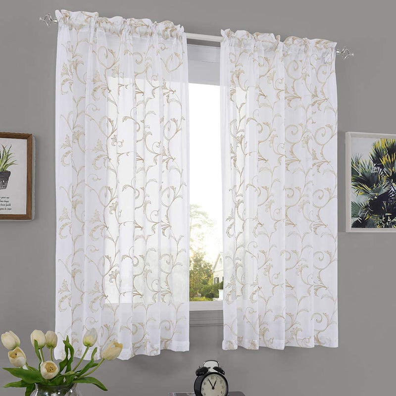 Embroidered Floral Sheer Curtains Beige 63 Inch , Rod Pocket Voile Drapes for Living Room, Bedroom, Vintage Embroidery Semi Crinkle Curtain Panels for Yard, Patio, Villa, Parlor, Set of 2, 52"X 63". Home & Garden > Decor > Window Treatments > Curtains & Drapes MYSTIC-HOME Beige 52"Wx45"L 