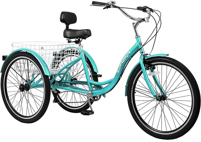 H&ZT Tricycle for Adults, 3 Wheeled Bikes for Adults，Trike Cruiser Bike, W/Large Basket & Maintenance Tools & Shimano Derailleur & Parking Brake Handle Sporting Goods > Outdoor Recreation > Cycling > Bicycles H&ZT Cruiser > mint 26" Cruiser 