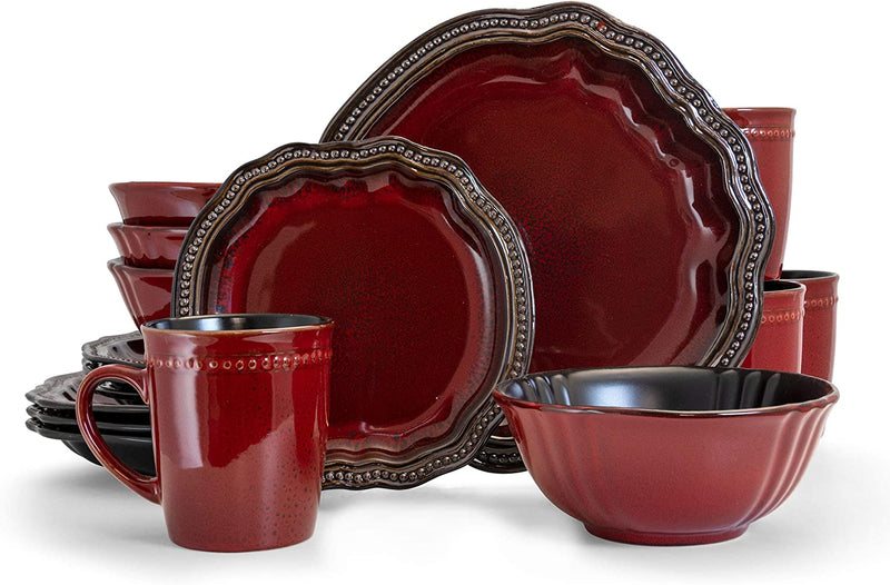 Elama round Oval Stoneware Fine Dining Dinnerware Dish Set, 16 Piece, Dark Red with Bronze Accents Home & Garden > Kitchen & Dining > Tableware > Dinnerware Elama   