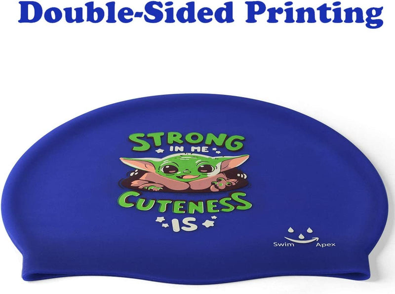 Swim Apex Swim Cap for (Age 2-13) Kids, Durable Silicone Swimming Cap for Kids Youths, Comfortable Fit for Long Hair and Short Hair with Baby Yoda Print (Blue) Sporting Goods > Outdoor Recreation > Boating & Water Sports > Swimming > Swim Caps Swim Apex   