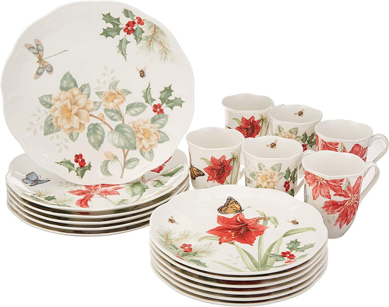 Lenox Butterfly Meadow Holiday 12-Piece Dinnerware Set, 16.60 LB, Red & Green