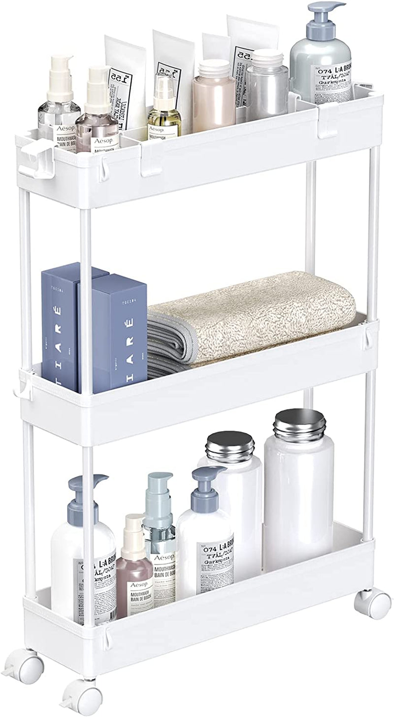 SPACELEAD Slim Storage Cart,3 Tier Bathroom Rolling Utility Cart Storage Organizer Slide Out Cart, Mobile Shelving Unit Organizer Trolley for Office Bathroom Kitchen Laundry Room Narrow Places, Black Home & Garden > Household Supplies > Storage & Organization SPACELEAD White  