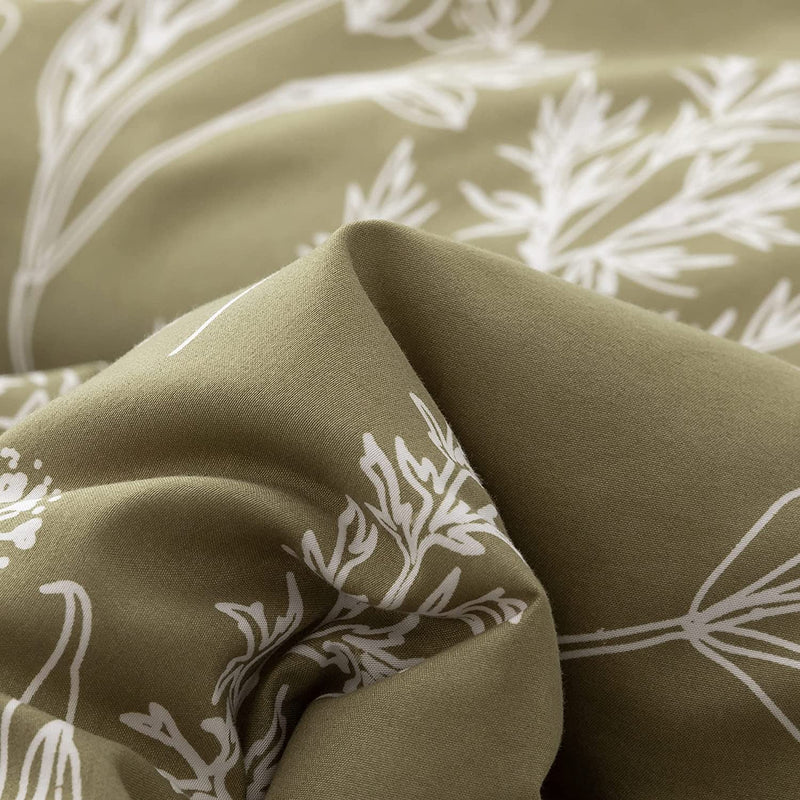 Janzaa Queen Comforter Sets Olive Green Comforter,3 PCS Bedding Sets Floral Comforter Set Plant Flowers Printed on Green Comforter Set Home & Garden > Linens & Bedding > Bedding JANZAA   