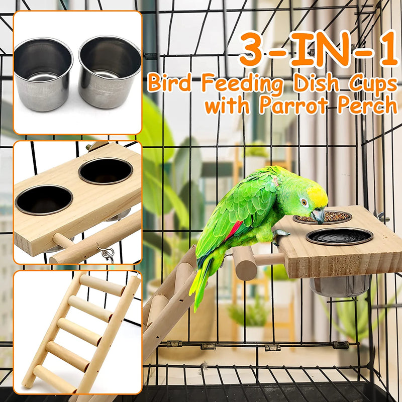 Tfwadmx Bird Food Stainless Steel Cups Wooden Perch Stand Hanging Feeder Bowls Feeding and Watering Supplies for Parakeets Conures Cockatiels Budgie Parrot Animals & Pet Supplies > Pet Supplies > Bird Supplies > Bird Cage Accessories > Bird Cage Food & Water Dishes Tfwadmx   