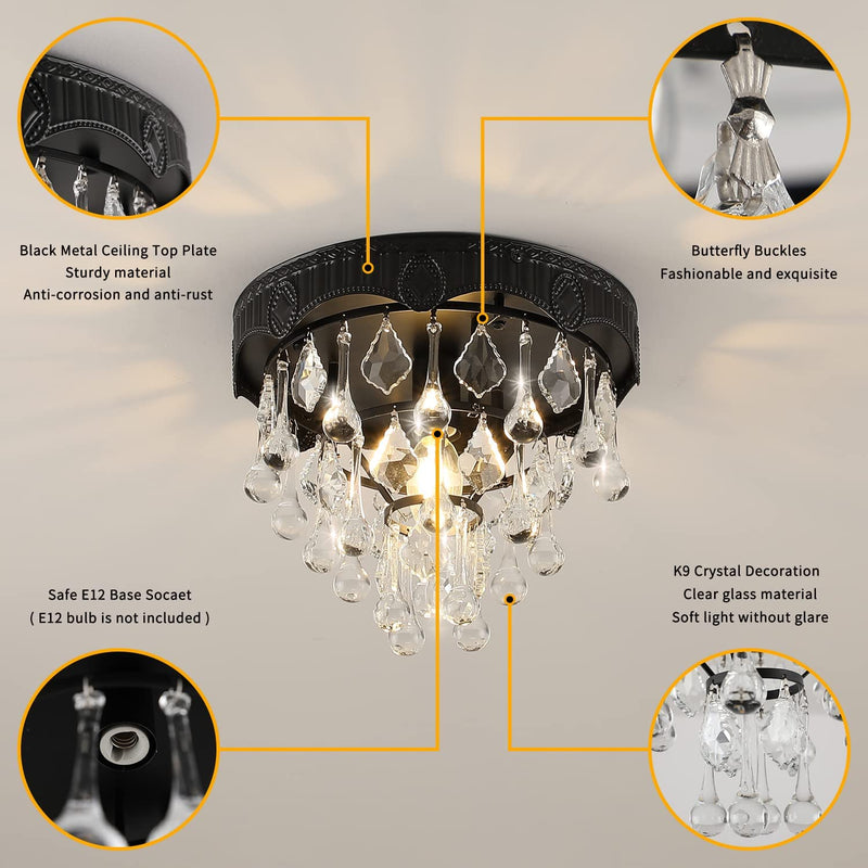 Pasoar Crystal Chandeliers for Dining Room 9.8 Inch Wide Mini Small Lighting Modern Black Ceiling Light 1 Light E12 Socket Flush Ceiling Light Fixture for Dining Room Bedroom Hallway Home & Garden > Lighting > Lighting Fixtures > Chandeliers Pasoar   
