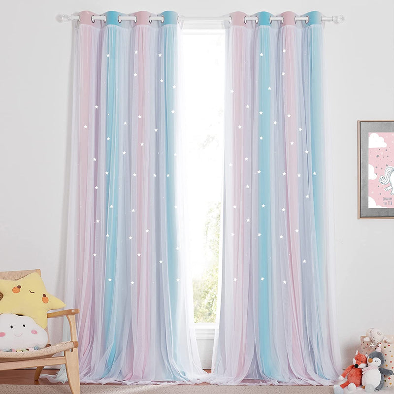 NICETOWN Stars and Moon Hollow-Out Blackout Curtains for Kids Room / Nursery, Grommet Top 2 Layer Window Treatment Curtain Panels for Living Room / Thanksgiving (2-Pack, W52 X L84 Inches, Navy Blue) Home & Garden > Decor > Window Treatments > Curtains & Drapes NICETOWN Pink & Blue W52 x L63 