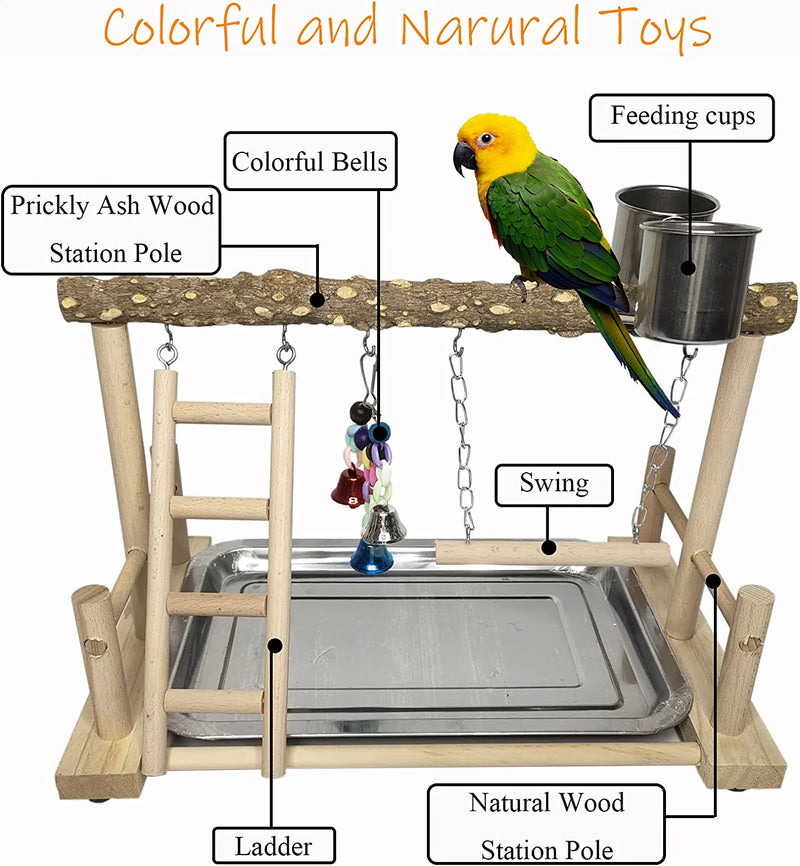 PINVNBY Bird Playground Parrot Playstand Birds Play Stand Wood Exercise Perch Gym Stand Playpen Ladder with Feeder Cups Hanging Swing Toys for Parakeet Conure Cockatiel Budgie Cage Accessories