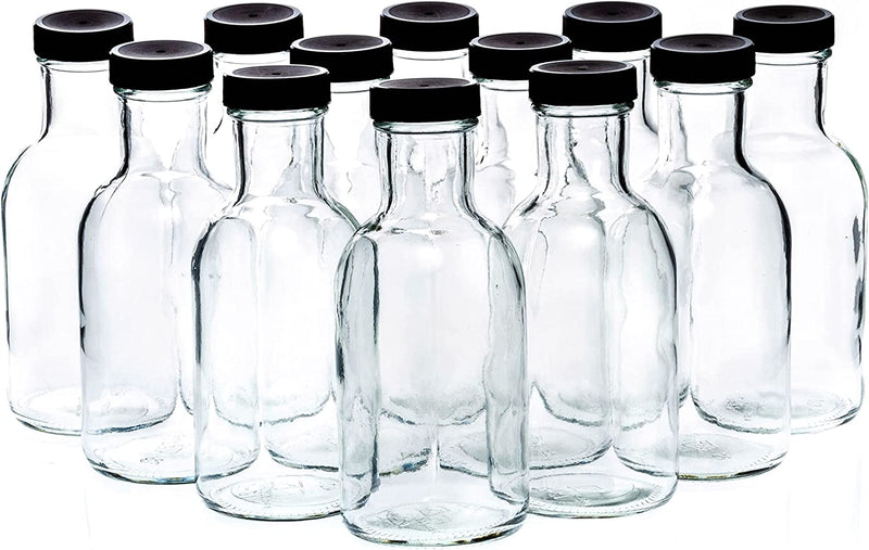 Set of 8Oz Glass Bottles with Black Plastic Caps | Reusable Stout Flint Glass Bottles with Lids for Juicing, Kombucha, Liquids | Made in USA | 8 Oz Glass Bottles (Total of 12) Home & Garden > Decor > Decorative Jars MHO Containers 16 oz - 12 Pack  