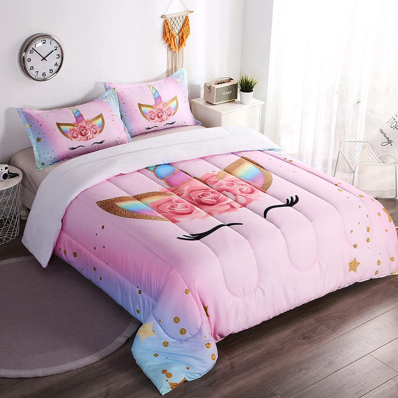 Oecpkd Cute Unicorn Comforter Sets 3Pc Pink Flower Girl Colorful Unicorn Bedding Sets Soft Girls Unicorn Rainbow Comforter Sets Home & Garden > Linens & Bedding > Bedding Oecpkd Pink1 Queen 