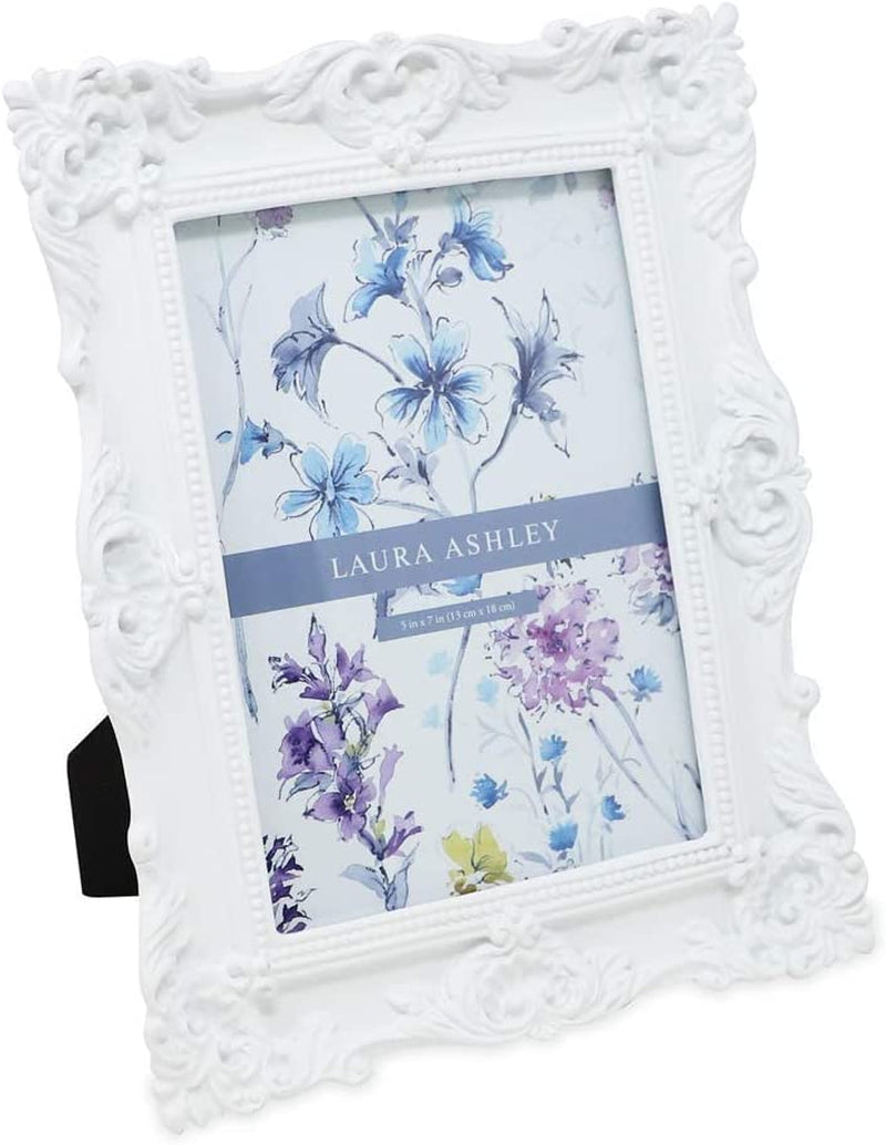 Laura Ashley 5X7 Black Ornate Textured Hand-Crafted Resin Picture Frame with Easel & Hook for Tabletop & Wall Display, Decorative Floral Design Home Décor, Photo Gallery, Art, More (5X7, Black) Home & Garden > Decor > Picture Frames Laura Ashley White 5x7 