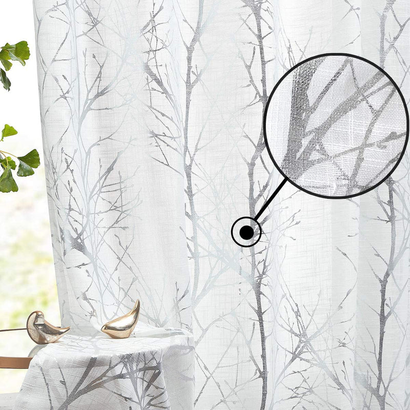 FMFUNCTEX Branch White Curtains 84” for Living Room Grey and Auqa Bluetree Branches Print Curtain Set Wrinkle Free Thick Linen Textured Semi-Sheer Window Drapes for Bedroom Grommet Top, 2 Panels Home & Garden > Decor > Window Treatments > Curtains & Drapes FMFUNCTEX Semi-sheer: White + Foil Silver 50" x 63" 