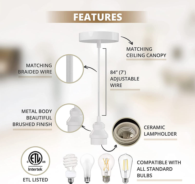 DIY White Mini Pendant Hanging Light Kit-Use with or without Shade (Not Inluded)-Etl Listed Ceramic Lamp E26 E27-Matching Canopy and Adjustable Cord-For Kitchen Island Bar Entry Foyer Home & Garden > Lighting > Lighting Fixtures Ella Gancz   