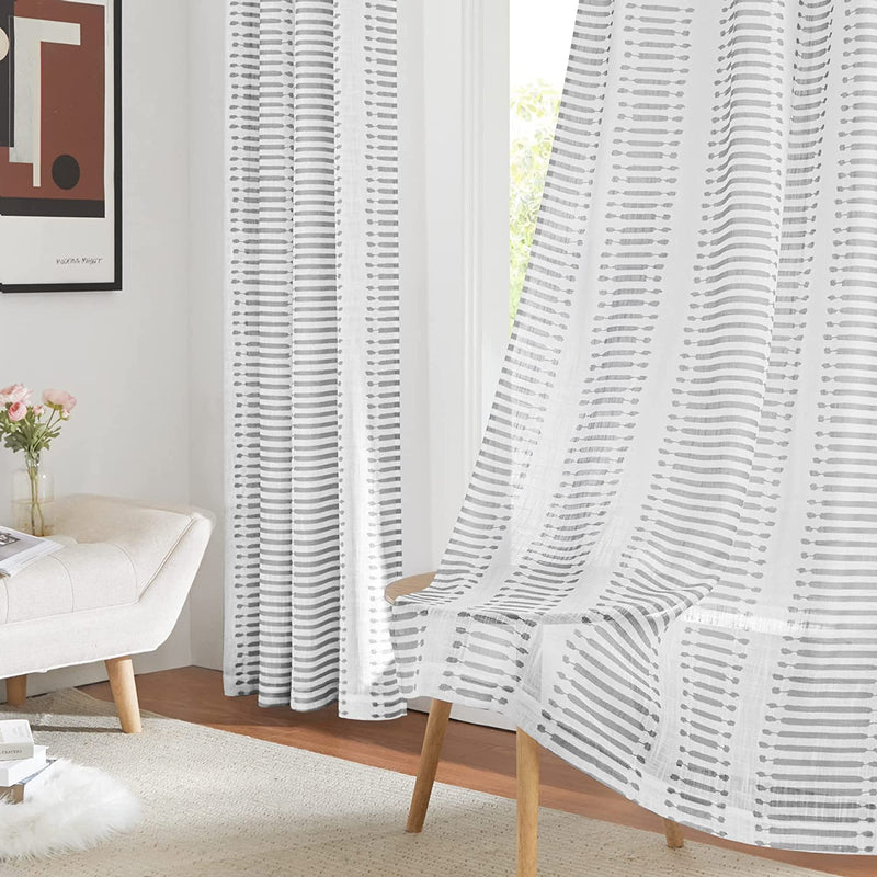 PONY DANCE Sheer Curtains 84 Inches Long - White Voile Panels Grommet Top Casual Design Light Filter Decoration with Stripes Pattern for Living Room, 50 X 84 In, Taupe, Set of 2 Home & Garden > Decor > Window Treatments > Curtains & Drapes PONY DANCE Stripe|grey 50"W x 84"L 