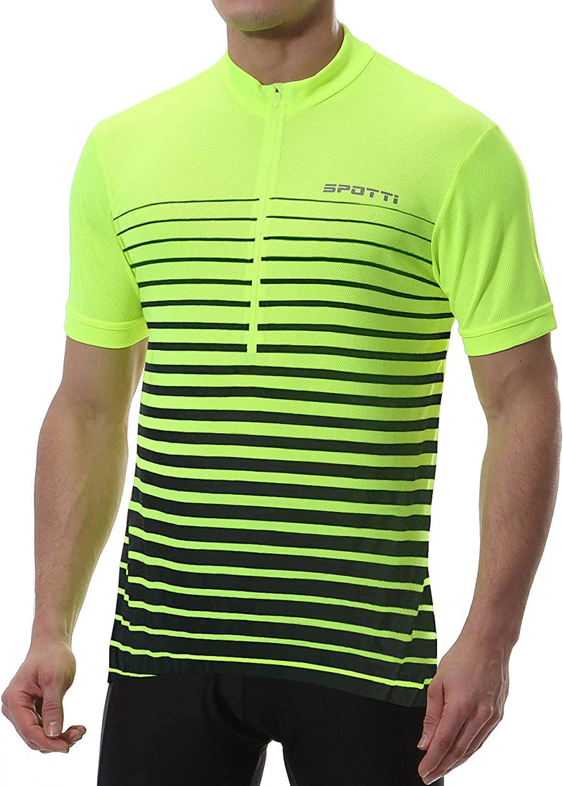 Spotti Men'S Cycling Bike Jersey Short Sleeve with 3 Rear Pockets- Moisture Wicking, Breathable, Quick Dry Biking Shirt Sporting Goods > Outdoor Recreation > Cycling > Cycling Apparel & Accessories Spotti Green Stripe Small 