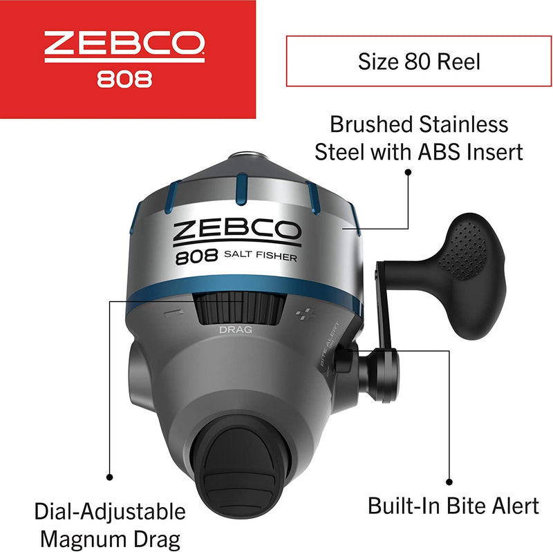 Zebco 808 Saltwater Spincast Fishing Reel, Stainless Steel Reel Cover with ABS Insert, Quickset Anti-Reverse and Bite Alert, Pre-Spooled with 20-Pound Fishing Line, Size 80, Silver Sporting Goods > Outdoor Recreation > Fishing > Fishing Reels Zebco   