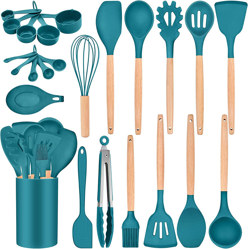 Teamfar 24PCS Cooking Utensil Set with Holder, Silicone Kitchen Cookware Tools with Wooden Handle, Spatula Spoon Turner, Non-Toxic & Non-Stick, Heat-Resistant & Dishwasher Safe, Colorful Home & Garden > Kitchen & Dining > Kitchen Tools & Utensils TeamFar Blue 24 