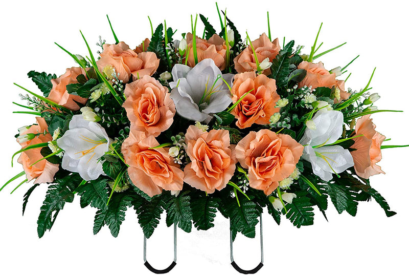 Sympathy Silks Artificial Cemetery Flowers – Realistic- Outdoor Grave Decorations - Non-Bleed Colors, and Easy Fit - Lavender Amaryllis & Purple Rose Saddle for Headstone Home & Garden > Decor > Seasonal & Holiday Decorations Rubys Silk Flowers Peach Saddle 