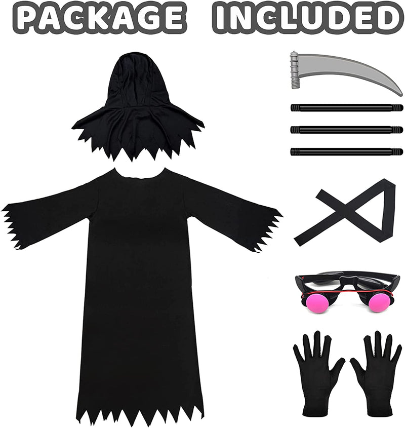 Grim Reaper Halloween Costume with Glowing Red Eyes for Kids, Scythe Included