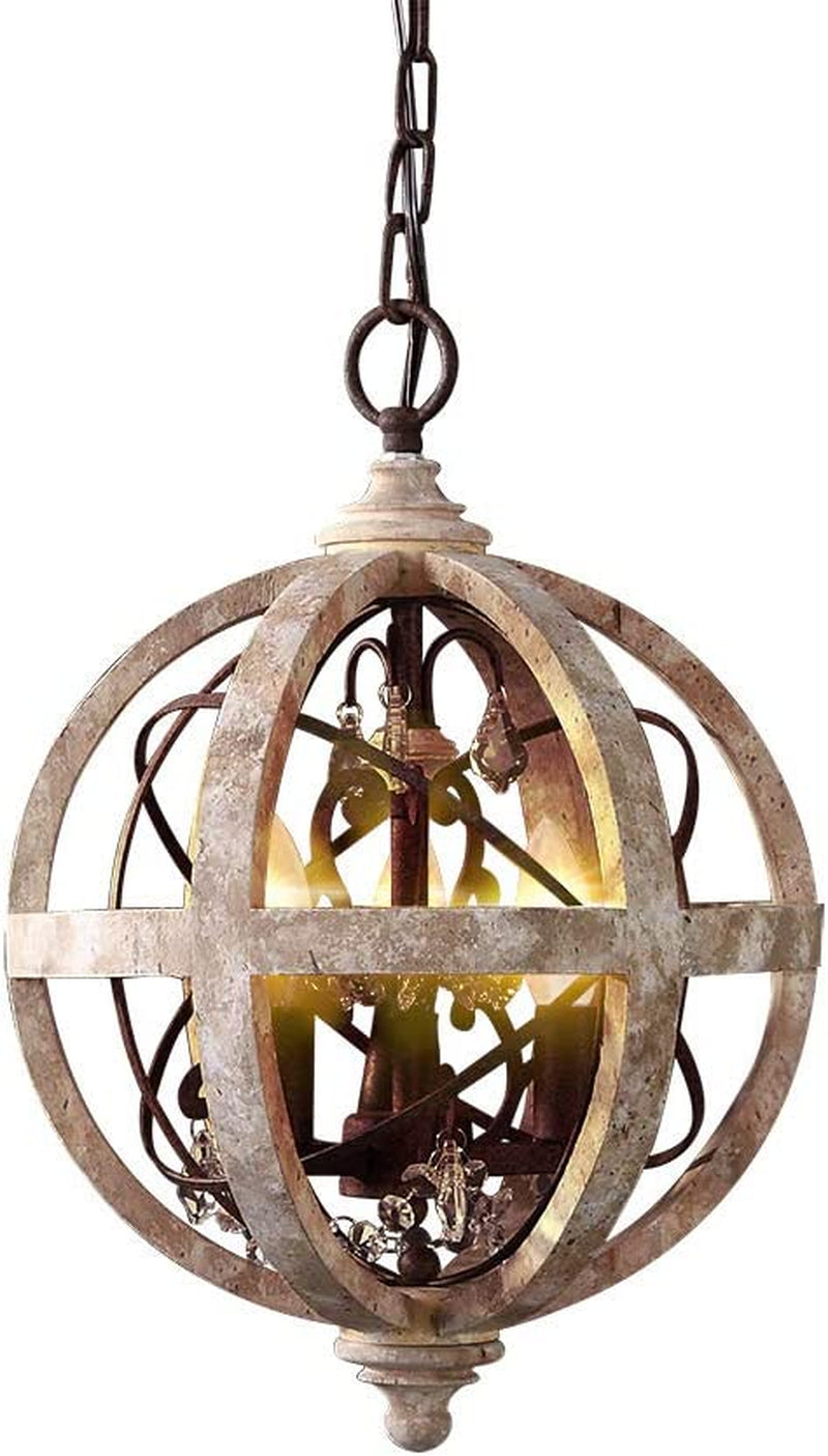 Kunmai Rustic Retro Weathered Wooden Globe Metal Orb Crystal 3-Light Chandelier Candle Style Pendant Light for Kitchen Island Entry Area Living Room (Small) Home & Garden > Lighting > Lighting Fixtures > Chandeliers KunMai   