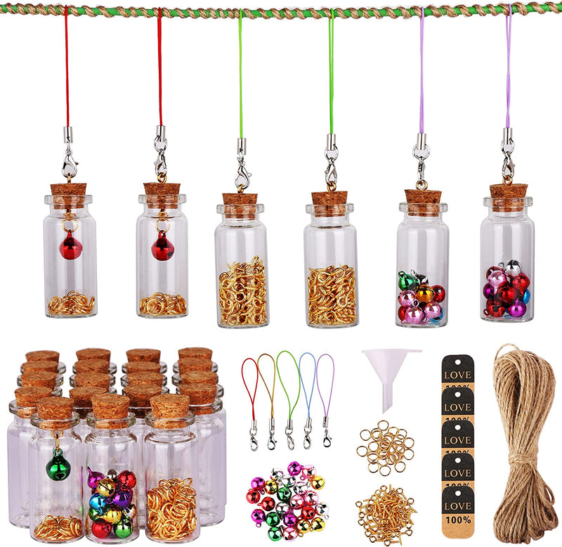Maxmau 25Pcs Small Glass Bottles with Cork Stoppers DIY Art Craft Storage 10Ml Mini Glass Vials,Tiny Jars for Wedding Party Favors Home Decoration with Connection Accessories Twine Bell
