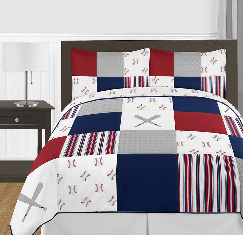 Sweet Jojo Designs Red, White and Blue Baseball Patch Sports Boy Full/Queen Kid Teen Bedding Comforter Set - 3 Pieces - Grey Patchwork Stripe Home & Garden > Linens & Bedding > Bedding Sweet Jojo Designs   