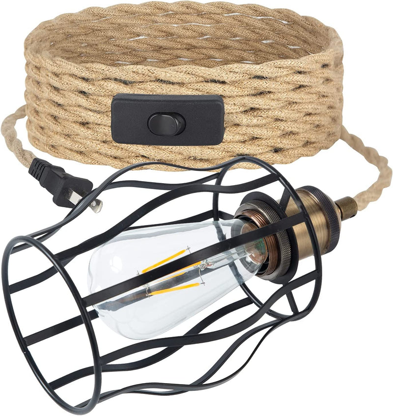 Industrial 16.4Ft Pendant Light Cord - Hanging Light Kit with Switch Plug in Vintage Fabric Lamp Cord with Twisted Hemp Rope Pendant Lights Socket Set E26 E27 (Vintage Brass) Home & Garden > Lighting > Lighting Fixtures LRUNZHUV Metal Blak Cage  