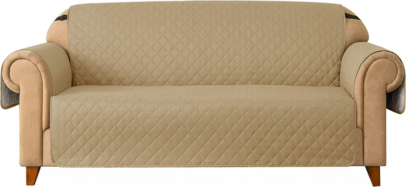 Ouka Reversible Slipcover, Quilted Sofa Cover with Elastic Strap, Soft Furniture Protector for Pets and Kids(Khaki, Oversize Sofa)
