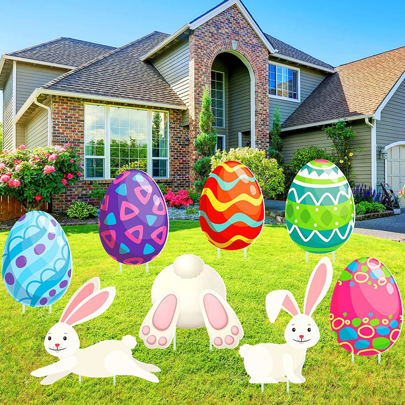 8 Pieces Easter Decorations Egg Bunny Easter Outdoor Decor Rabbits Waterproof Easter Yard Stakes Outdoor Easter Yard Sign Happy Easter Hunt Signs for Easter Yard Lawn Party Decorations