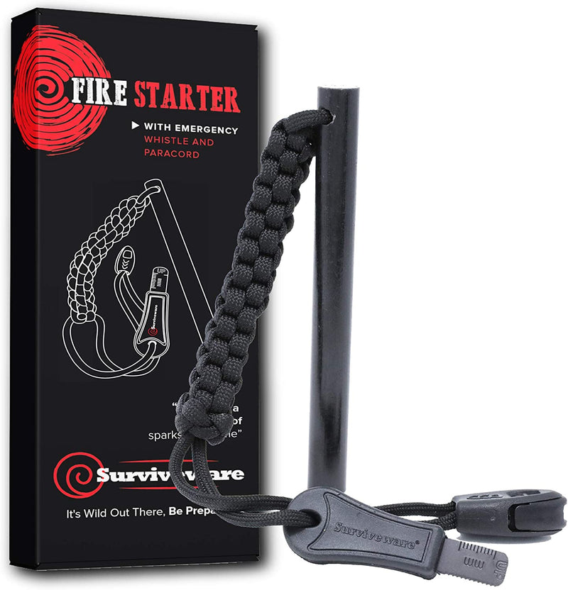 Surviveware Survival Fire Starter with Emergency Whistle, Paracord Handle, and Steel Serrated Scraper