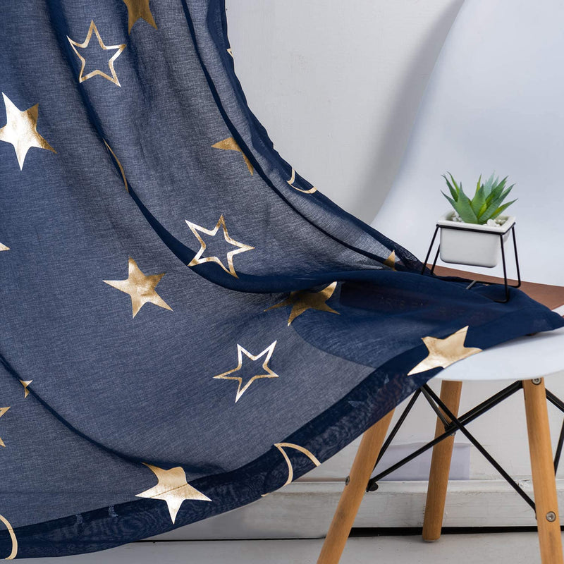 Kotile Kids Room Curtains Star - Metallic Silver Foil Stars Moon Design Grey Sheer Curtains for Boys Room Grommet Top Light Filtering Privacy Voile Drapes, 52 X 95 Inch, 2 Panels, Grey Home & Garden > Decor > Window Treatments > Curtains & Drapes Kotile Gold Navy W52" x L95" 