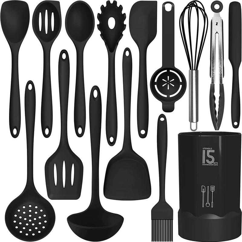 Silicone Cooking Utensils Set - 446°F Heat Resistant Kitchen Utensils,Turner Tongs,Spatula,Spoon,Brush,Whisk,Kitchen Utensil Gadgets Tools Set for Nonstick Cookware,Dishwasher Safe (BPA Free) Home & Garden > Kitchen & Dining > Kitchen Tools & Utensils KitcookJamoon Black  