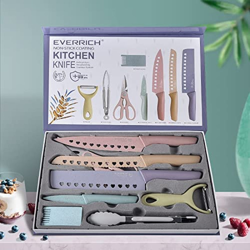 Dnifo Colorful Knife Set 8 PCS, New Heart-Shaped Hollow Non-Stick Cooking Knife Multifunctional Stainless Steel Knives Set for Kitchen, Environmental Chef Knives Set with Gift Box for Couple Gifts