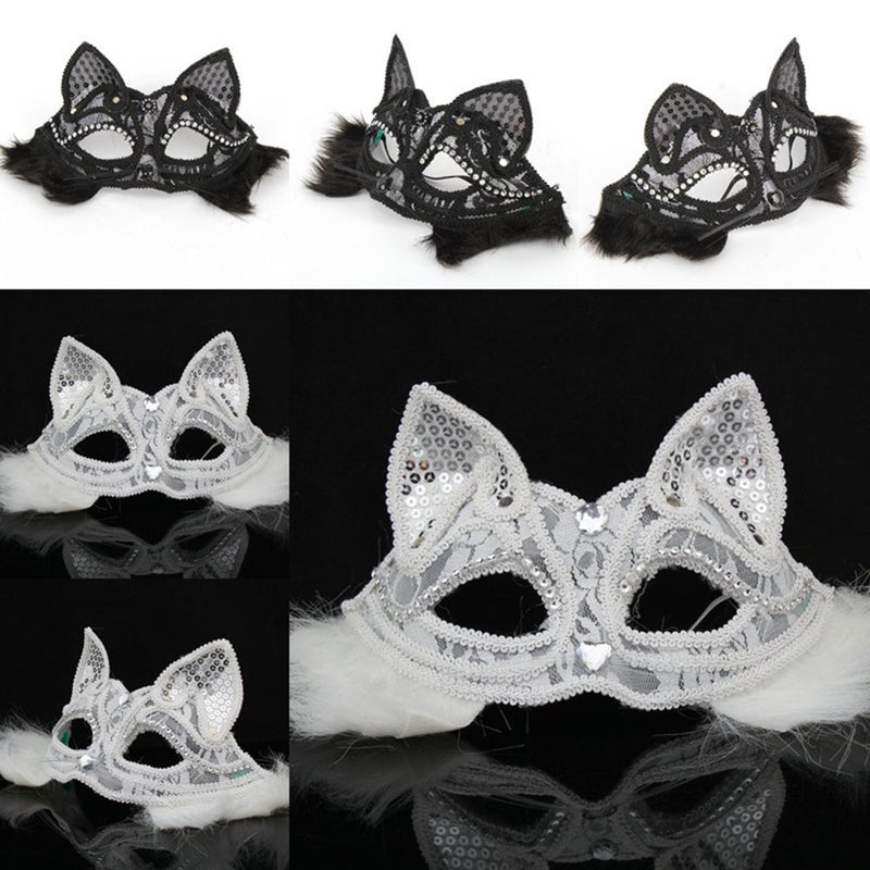 Sarkoyar Women Fox Half Face Lace Eye Mask Masquerade Festival Dress up Party Props Apparel & Accessories > Costumes & Accessories > Masks Sarkoyar with Hair