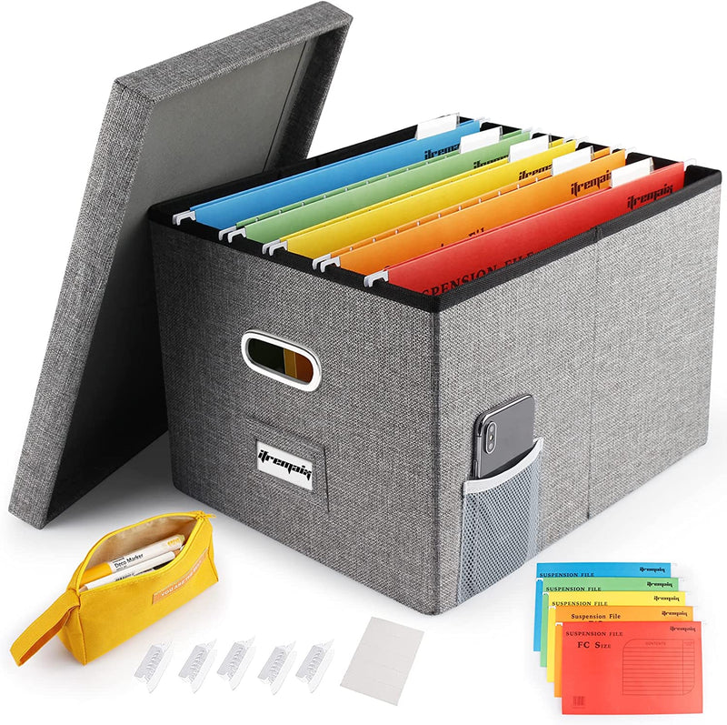 Ifremaix File Organizer Box Office Document Storage with Lid, Collapsible Linen Hanging Filing Organization with Pencil Case, Portable File Folder Storage Letter Size Legal Folders, Grey