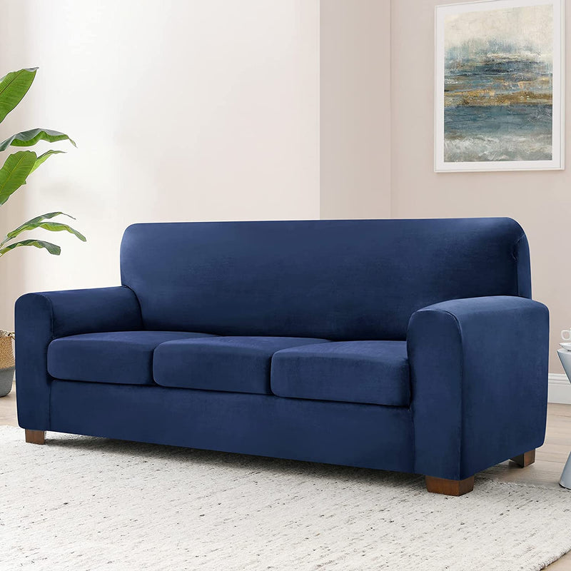 MCOLIMA Sofa Covers for 3 Cushion Couch Velvet Sofa Slip Cover 4 Piece Stretch Couch Covers for 3 Seater Sofa,Large Navy Blue Home & Garden > Decor > Chair & Sofa Cushions MCOLIMA   