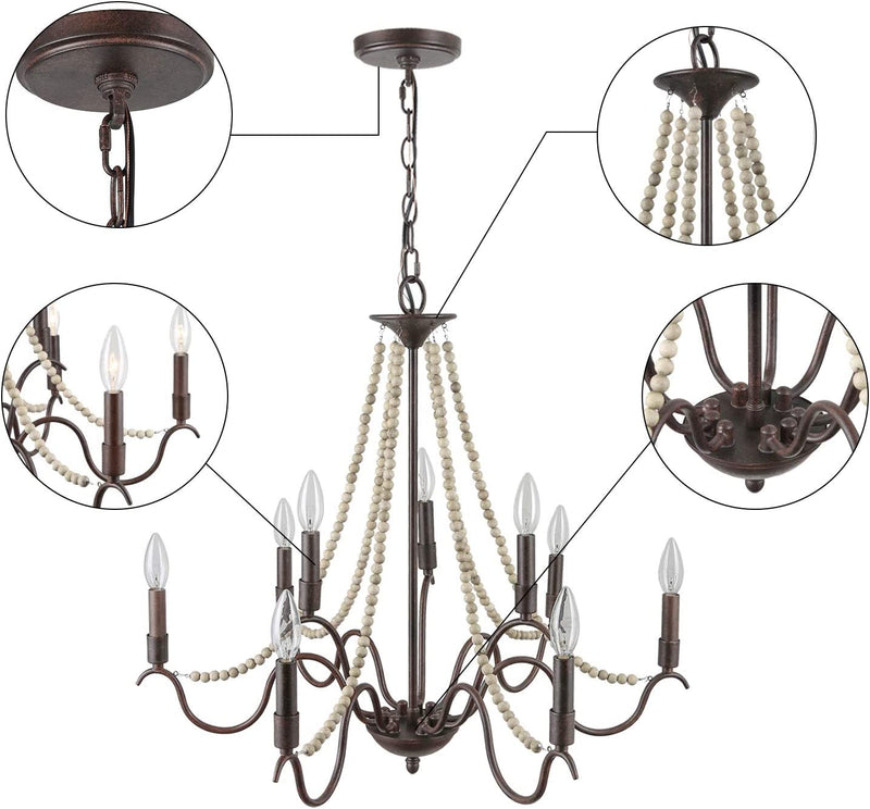 LNC Farmhouse Chandelier, 9-Light Wood Beaded Chandelier for Dining Room, French Country Lighting for Living Room, 28" L X 25.5" H, Bronze Home & Garden > Lighting > Lighting Fixtures > Chandeliers LNC   