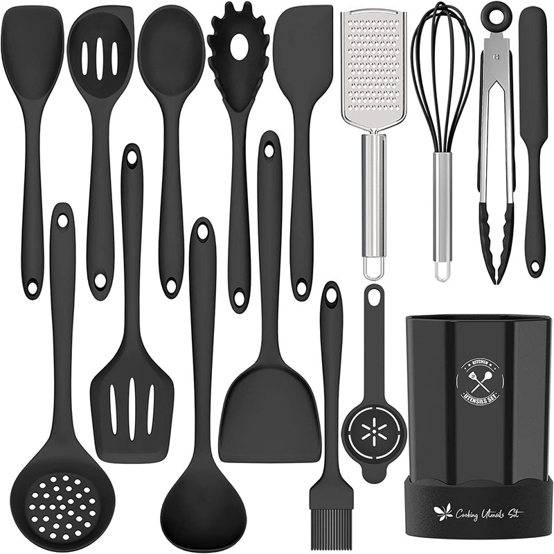 Silicone Kitchen Utensils Set, 16-Piece Silicone Cooking Utensils by Deedro, Heat Resistant Kitchen Tools Set with Holder, Nonstick Spatula Kitchen Gadgets for Cooking & Baking, Gray Home & Garden > Kitchen & Dining > Kitchen Tools & Utensils Deedro Black  
