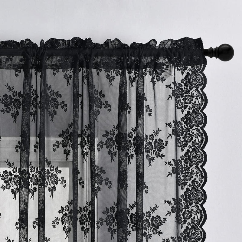 Kotile Black Lace Curtains 84 Inches Long - Vintage Floral Black Sheer Curtains 2 Panels, Gothic Sheer Lace Curtains for Living Room, Rod Pocket Black Sheer Window Curtain Panels, 52 X 84 Inch, Black Home & Garden > Decor > Window Treatments > Curtains & Drapes Kotile   