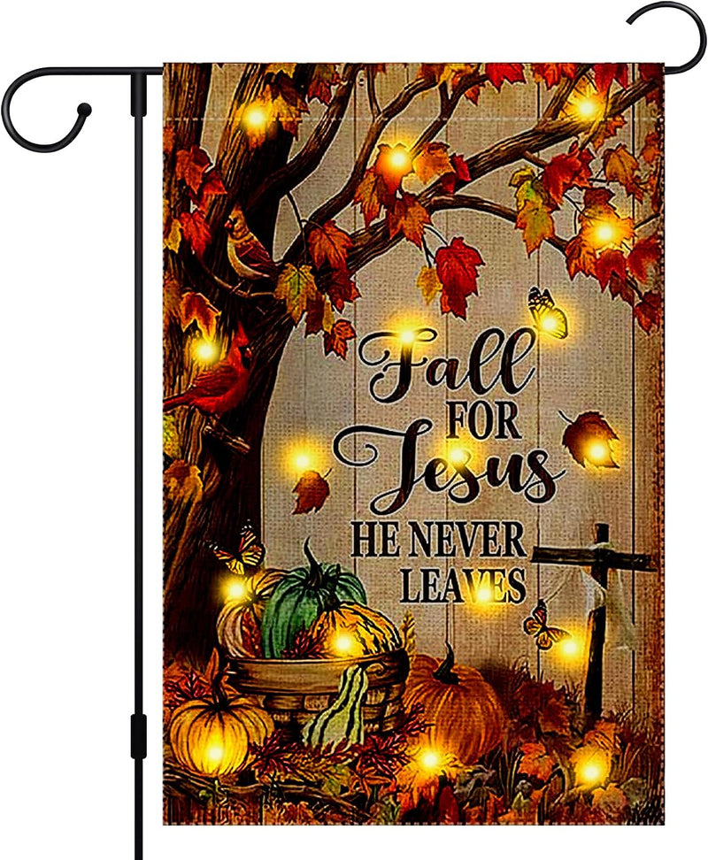 Fall Garden Flag Garden Flag with Lights Fall for Jesus He Never Leaves Garden Flag 12X18 Inch Double Sided Burlap Cross Pumpkin Welcome Yard Autumn outside Decoration (Fall-1)