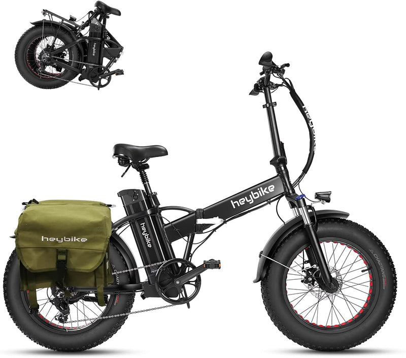 Heybike Mars Electric Bike Foldable 20" X 4.0 Fat Tire Electric Bicycle with 500W Motor, 48V 12.5AH Removable Battery and Dual Shock Absorber for Adults Sporting Goods > Outdoor Recreation > Cycling > Bicycles Heybike Black With Green Saddlebag 
