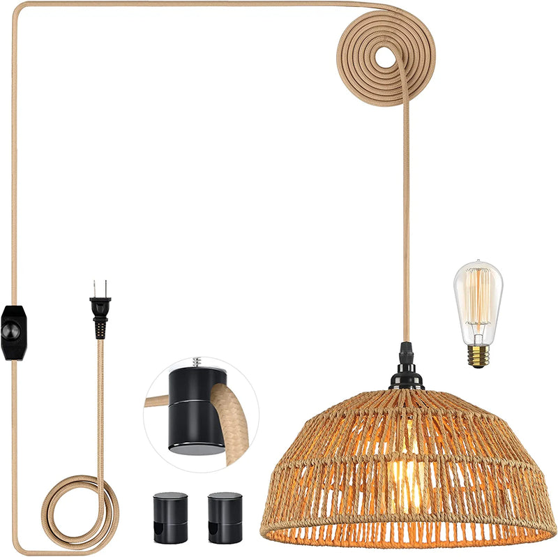 Plug in Pendant Light, Hanging Lights with 15Ft Golden Cotton Cord & Stepless Dimming Switch, Handwoven Hemp Rope Lampshade, Boho Hanging Lamp for Dining Room,Hallway (Bulb & 2 Swag Hooks Included) Home & Garden > Lighting > Lighting Fixtures Cinkeda Large  