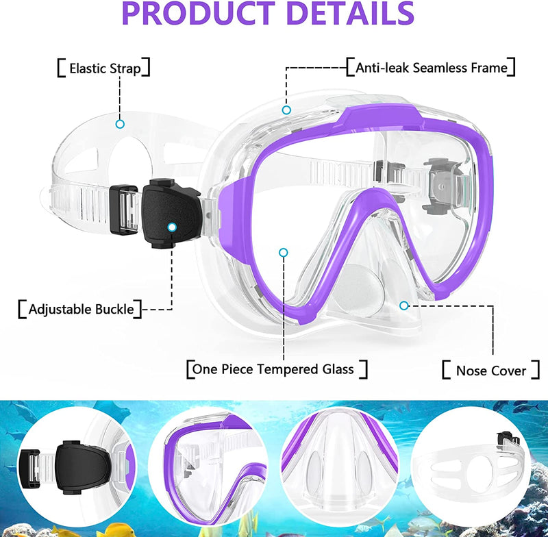 Norabidea Swim Goggles Adult, anti Fog Snorkel Diving Goggles, Clear View Tempered Glass Swimming Mask with Nose Cover