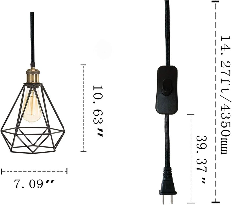 Riomasee Industrial Plug in Pendant Lighting 14.27 Ft Hanging Cord with On/Off Switch,Cage Black Metal Hanging Light Fixture for Farmhouse,Bedroom,Kitchen 2-Pack