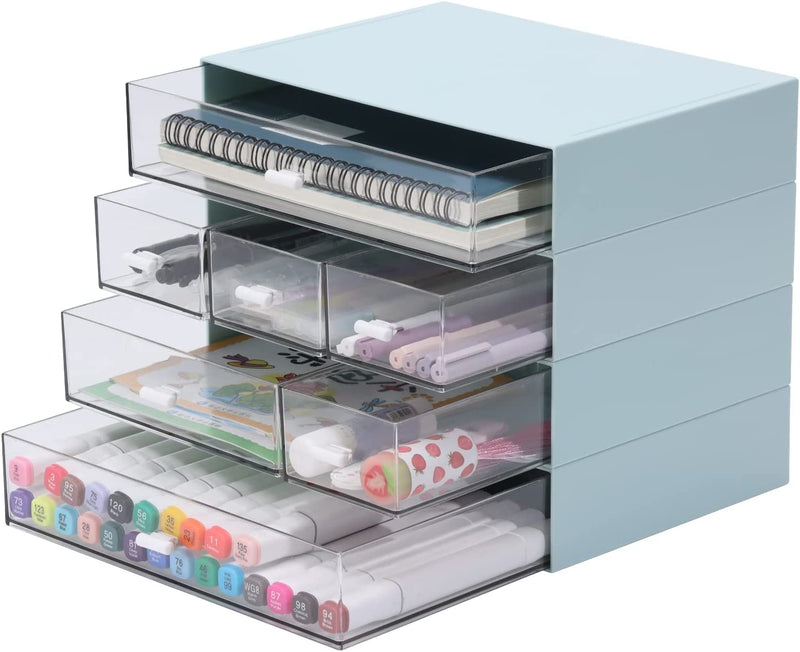 Osteed Desktop Drawers, Desk Organizer with 7 Drawers, Stackable Plastic Storage Box for Home Collection, Cosmetics, Office Supplies (4 Flat Layers, White)