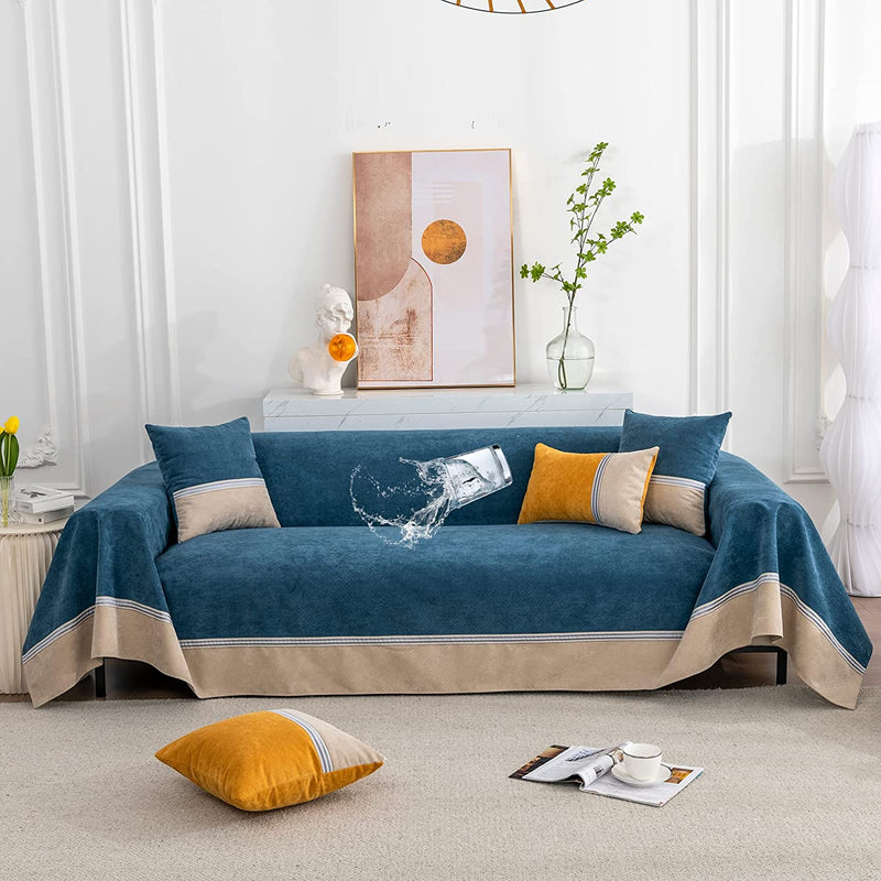 EAVD Boho Couch Cover Beige Sectional Couch Cover Durable Chenille Couch Cover with Lace Edge Solid Couch Protectors from Cats Dogs Scratching Sofa Couch Cover for 2 Cushion Couch(71"X118",Beige) Home & Garden > Decor > Chair & Sofa Cushions EAVD Navy Blue
