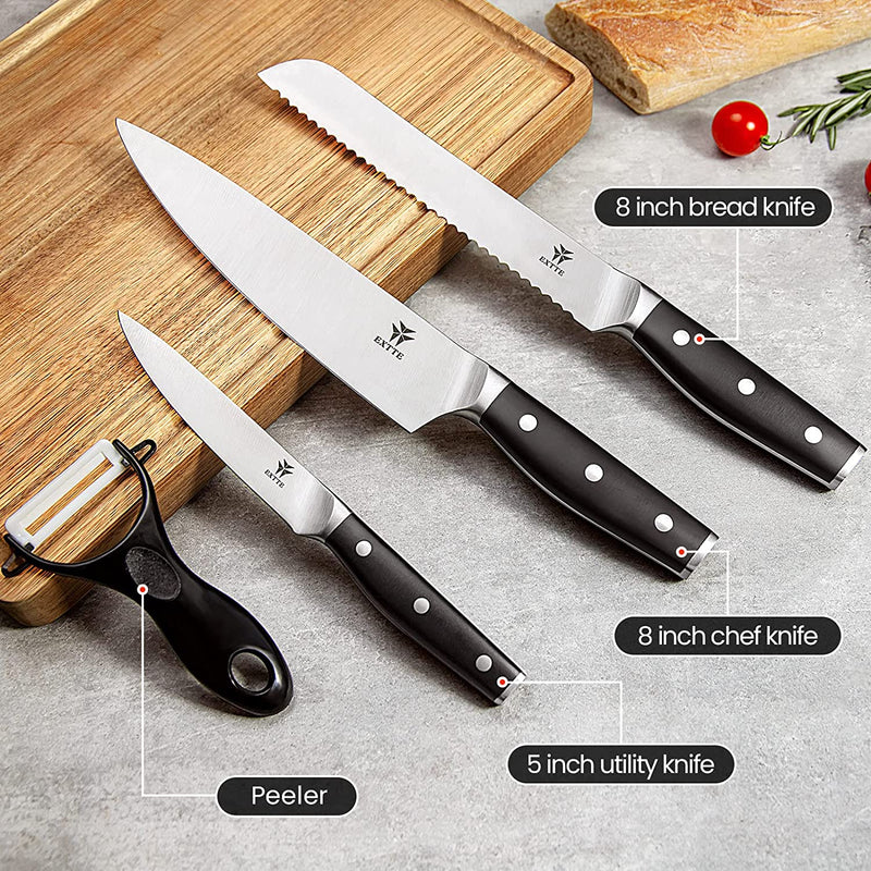Knife Set, EXTTE Kitchen Knife Set of 4, Professional Chef Knife Set with Sharp Blade & Full Tang Handle, 8 Inch Chef Knife & 8 Inch Serrated Bread Knife & 5 Inch Utility Knife & Ceramic Peeler