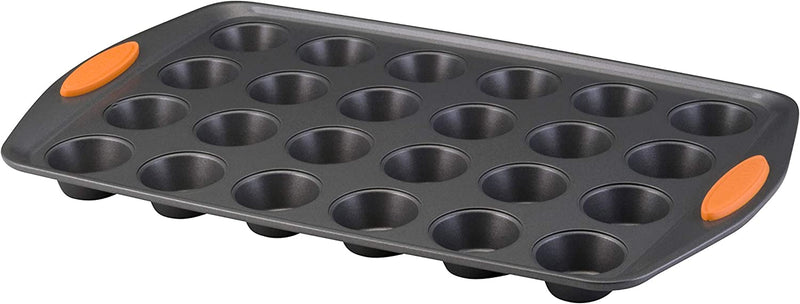 Rachael Ray Yum-O! Nonstick Bakeware 12-Cup Muffin Tin with Grips / Nonstick 12-Cup Cupcake Tin with Grips - 12 Cup, Gray with Red Grips